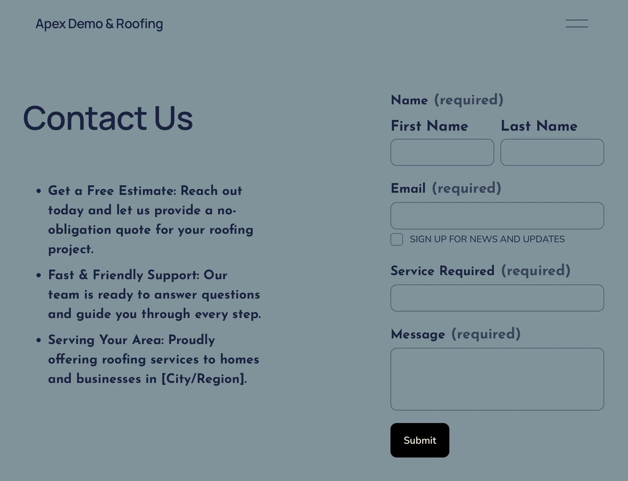 Contact form webpage for Apex Demo & Roofing, featuring fields for name, email, service required, and message, with a submit button.