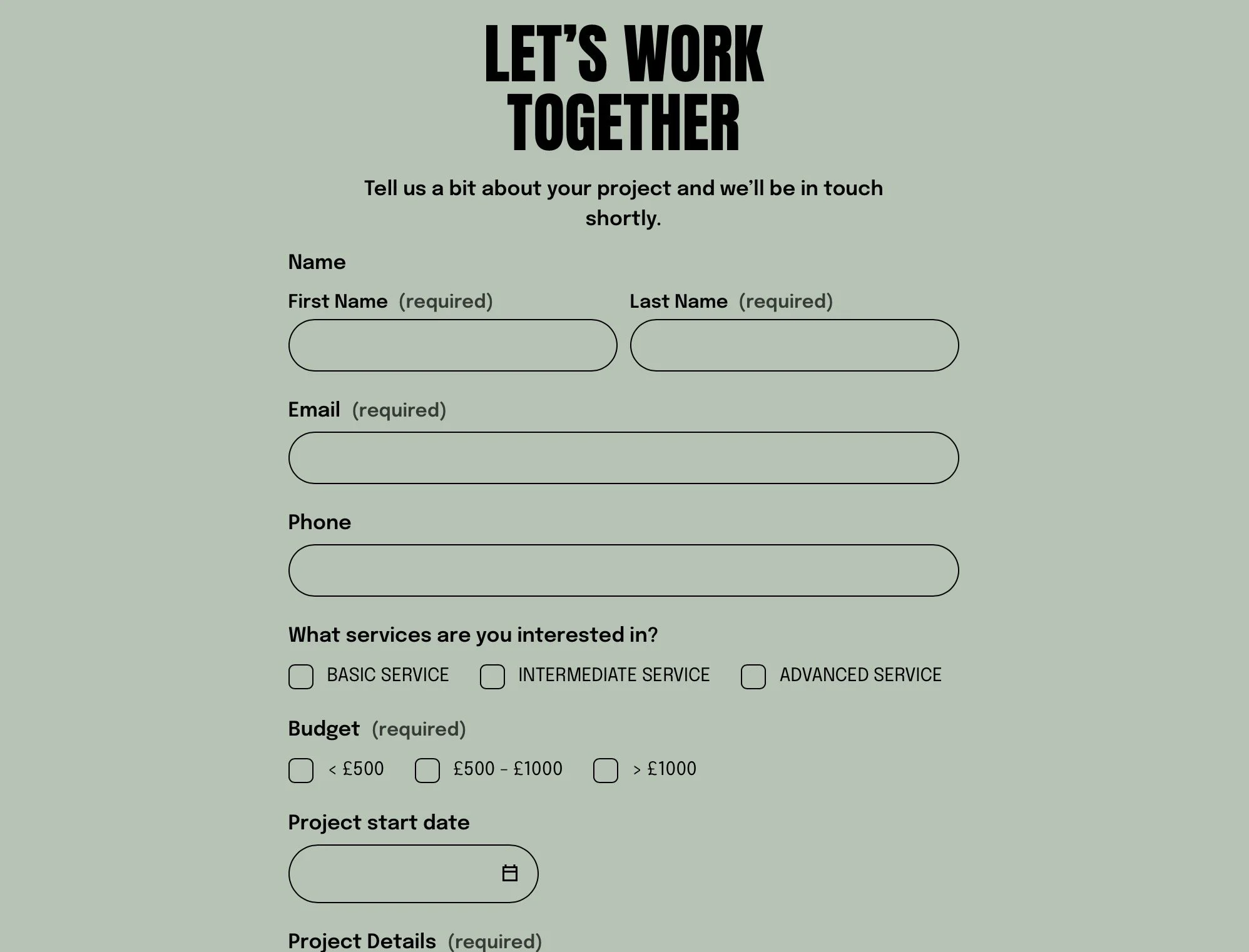 A light green project inquiry form titled "Let's Work Together" with fields for name, email, phone, service level options, budget options, project start date, and project details.