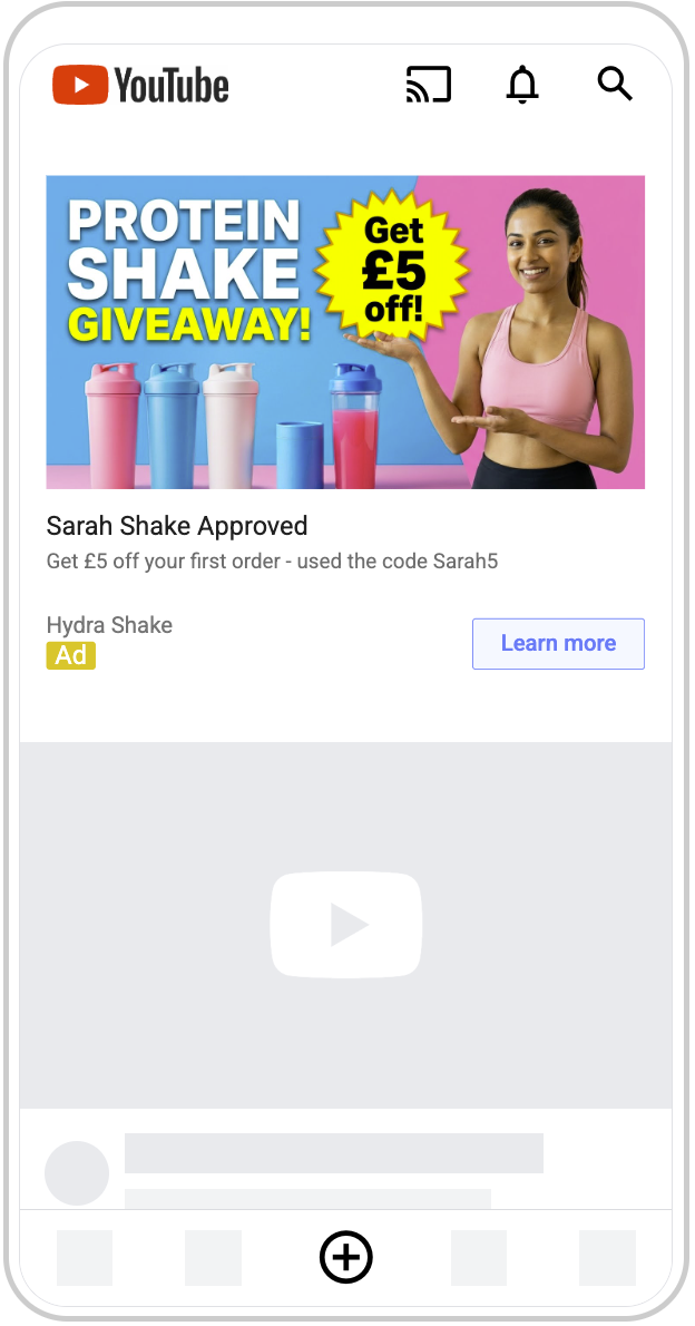Digital advertisement for protein shakes with a woman in a pink sports bra, holding a sign that says 'Get £5 off,' with a colorful background displaying various protein shake bottles.