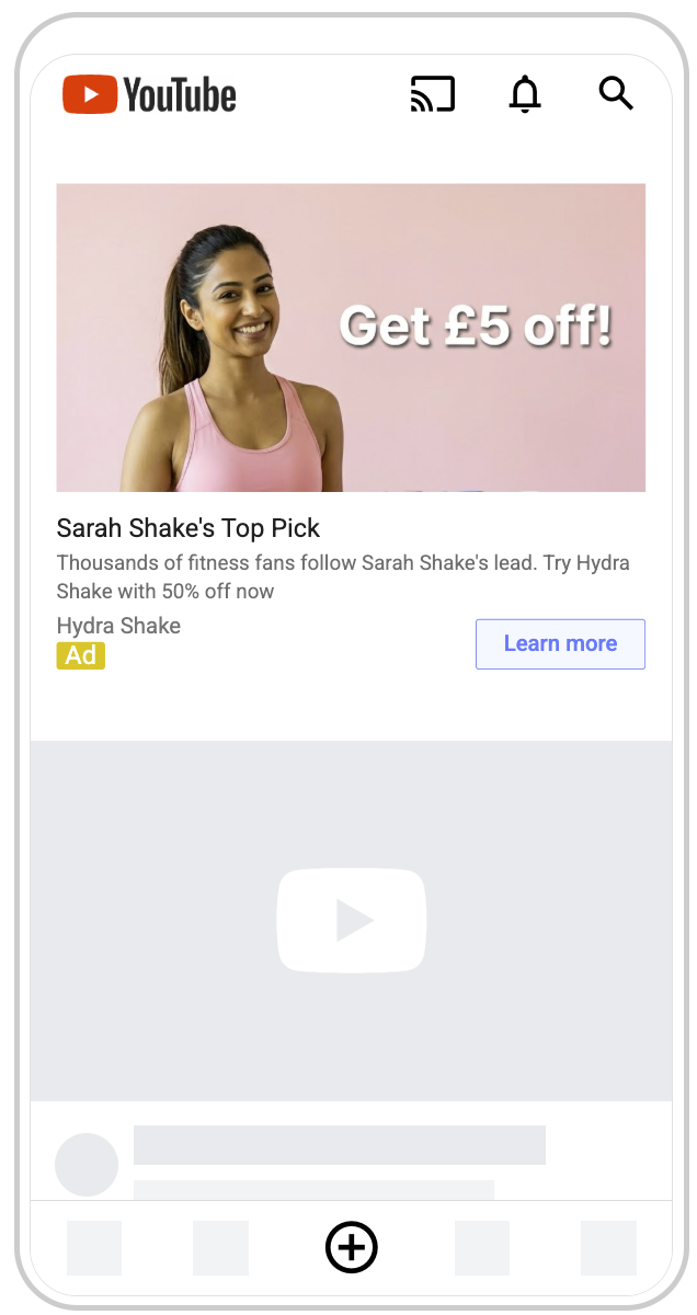 YouTube mobile app advertisement featuring a smiling woman in a pink tank top with the text 'Get £5 off!' and promotes Hydra Shake with a 50% discount, with a 'Learn more' button.