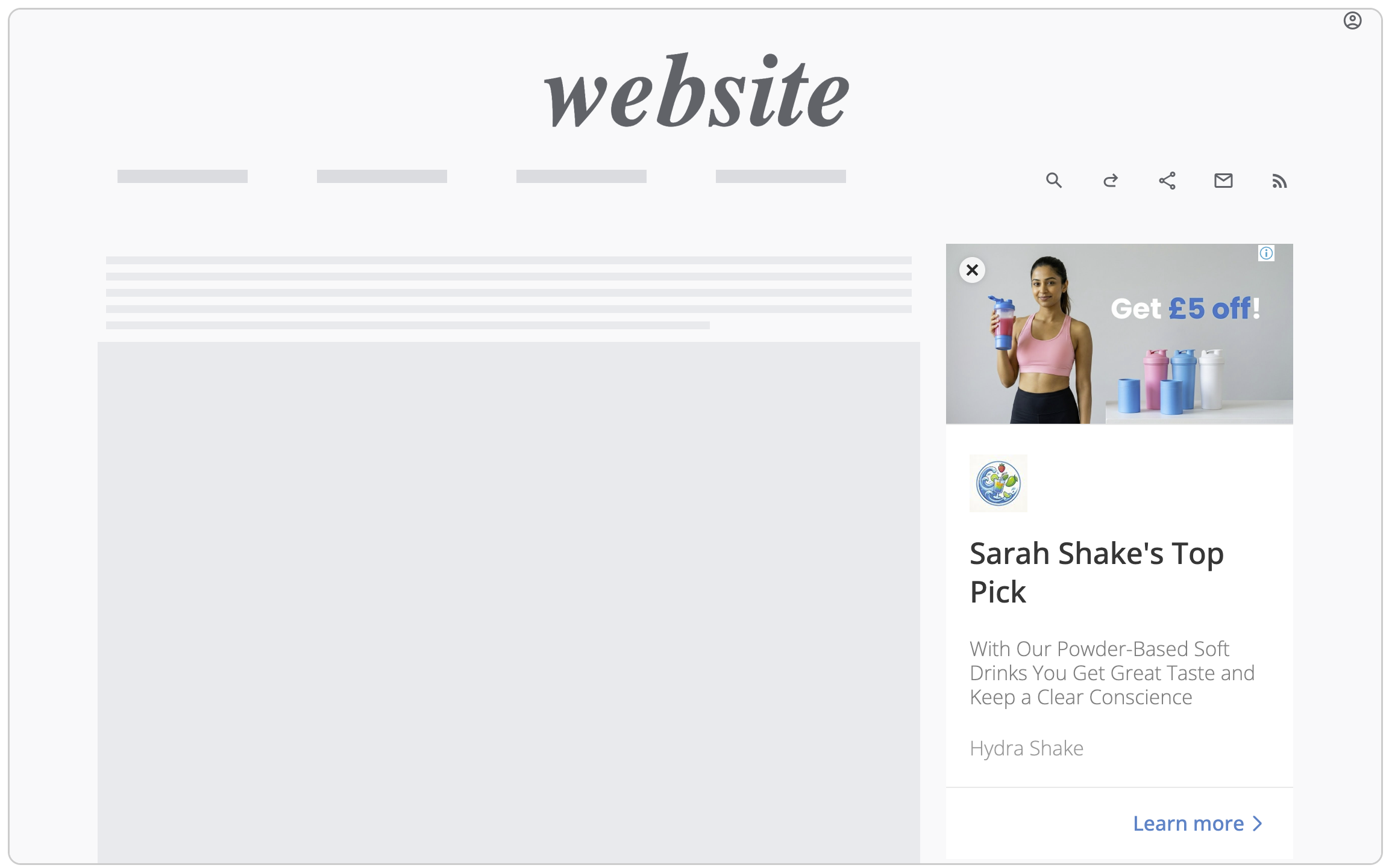 Webpage with a header titled 'website', a search icon, a share icon, an email icon, and an RSS feed icon. On the right, a promotional image shows a woman holding a blue water bottle, with text "Get £5 off!" and a display of colorful water bottles. Be