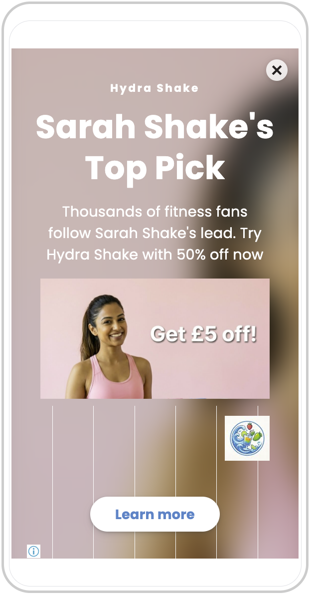 Advertisement for Hydra Shake featuring Sarah Shake's Top Pick. Offers a £5 discount with a promotional image of a woman in a pink top, and a 'Learn more' button.