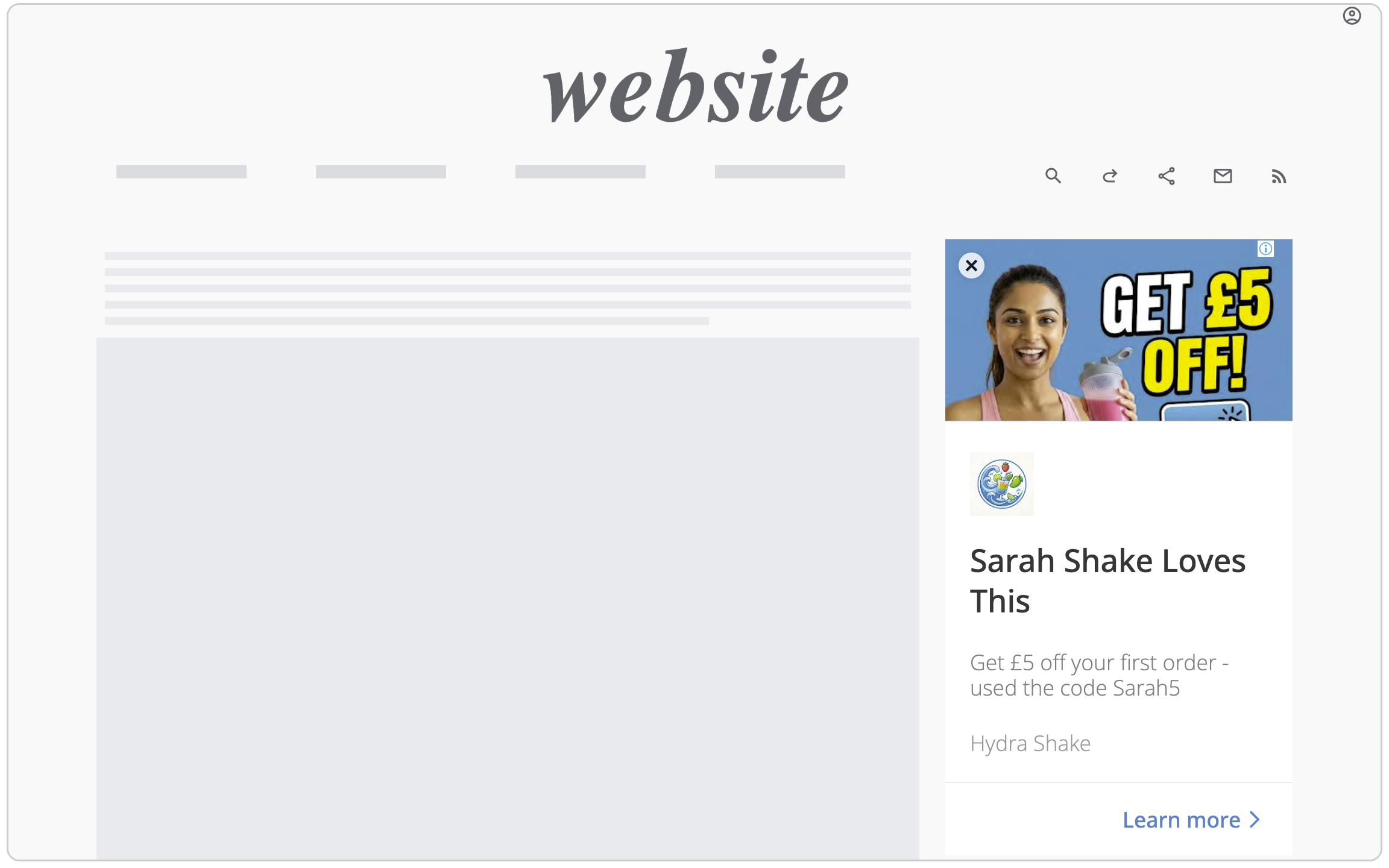 A webpage with a light background, the word 'website' in large, gray text at the top, and a sidebar advertisement with a woman holding a pink smoothie and the text 'GET £5 OFF!'. Below the webpage text, there is a partial headline 'Sarah Shake Loves 