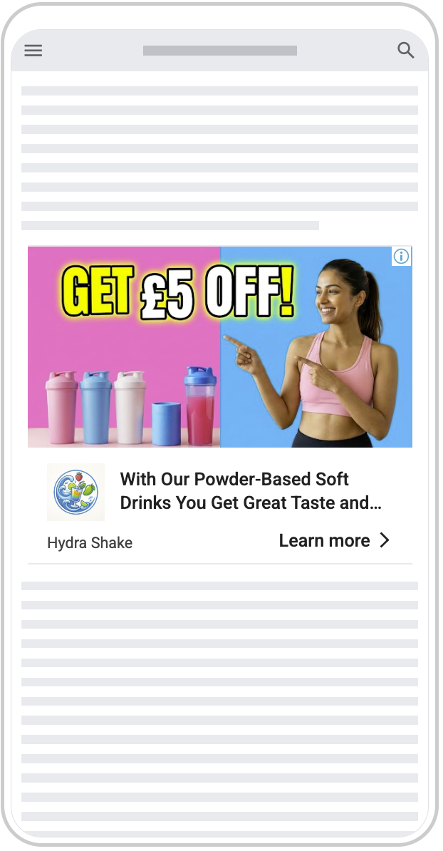 An advertisement offering £5 off on Hydra Shake powder-based soft drinks, featuring a smiling woman in workout clothes pointing at the offer, with colorful shaker bottles in the background.