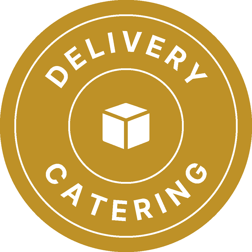 Gold circular badge with the words 'Delivery Catering' around a white box icon in the center.