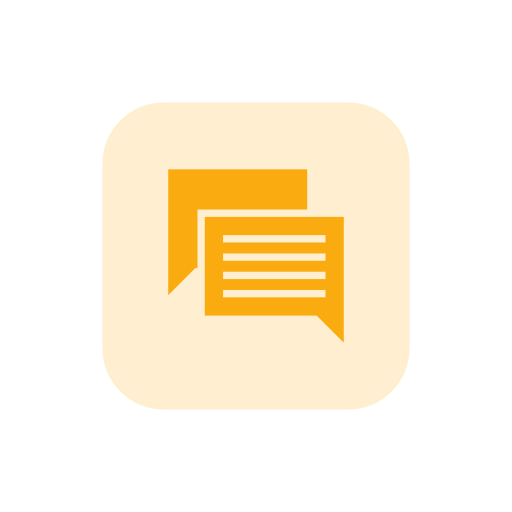 Icon of two overlapping speech bubbles, one yellow and one orange, on a beige background.