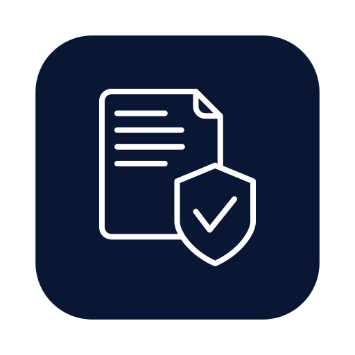 Icon of a document with a shield bearing a checkmark, representing document security or verification.