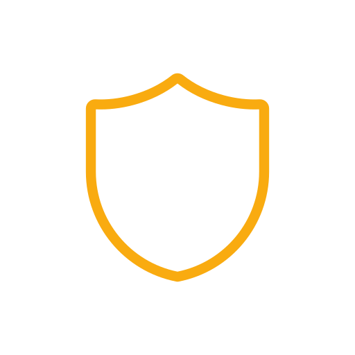 Icon of a shield outlined in orange on a black background.