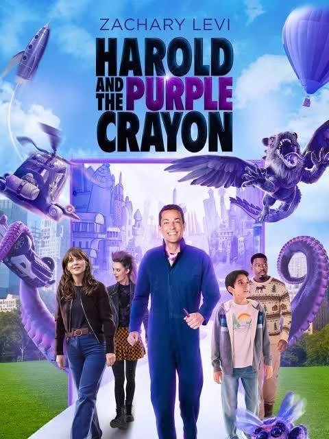 Movie poster for 'Harold and the Purple Crayon' featuring five characters standing on a grassy field with city buildings and creative, fantastical elements like a purple dragon, flying purple fish, and a hot air balloon in the sky.
