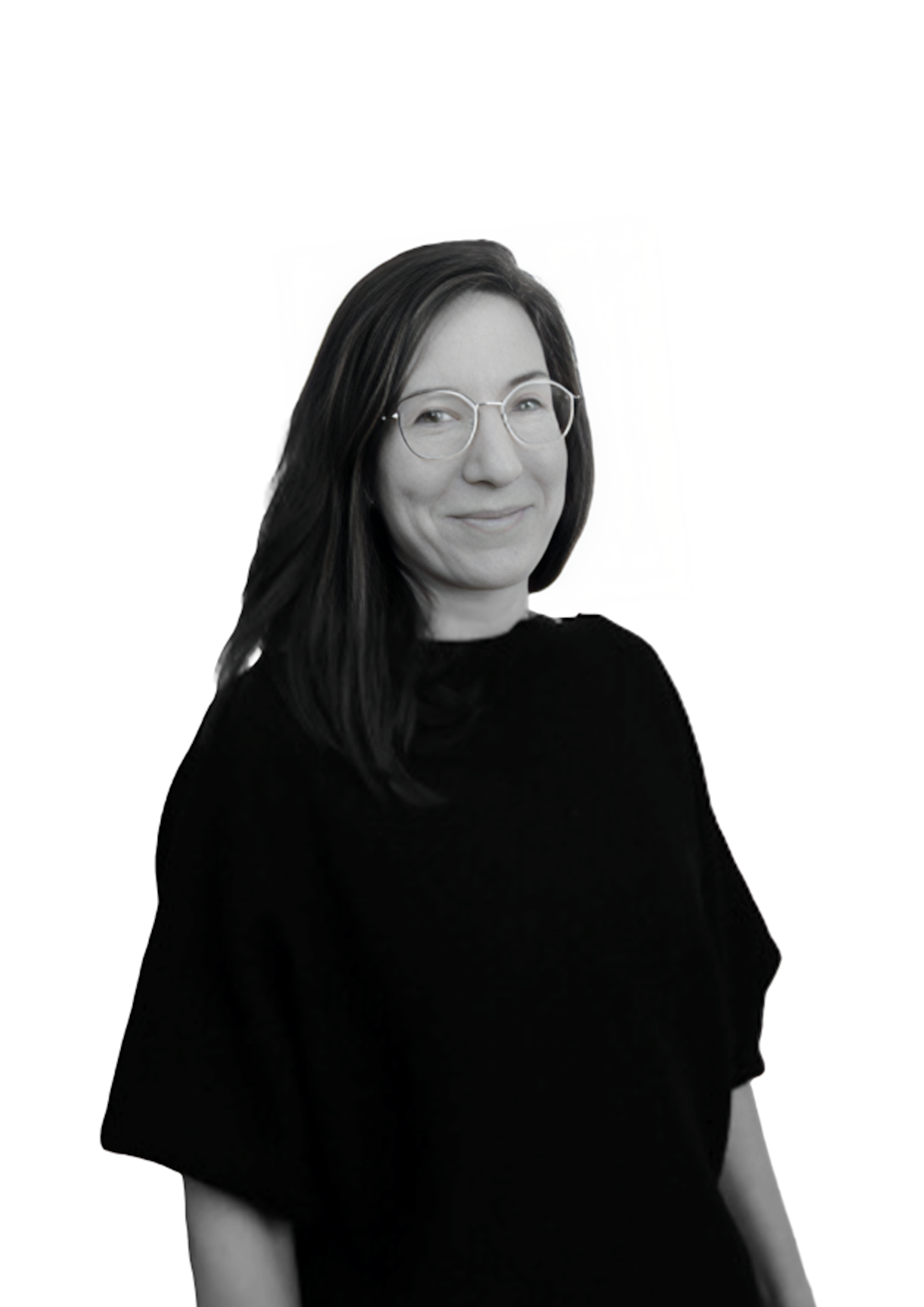 A woman with shoulder-length dark hair, glasses, and a black top, smiling at the camera against a white background.