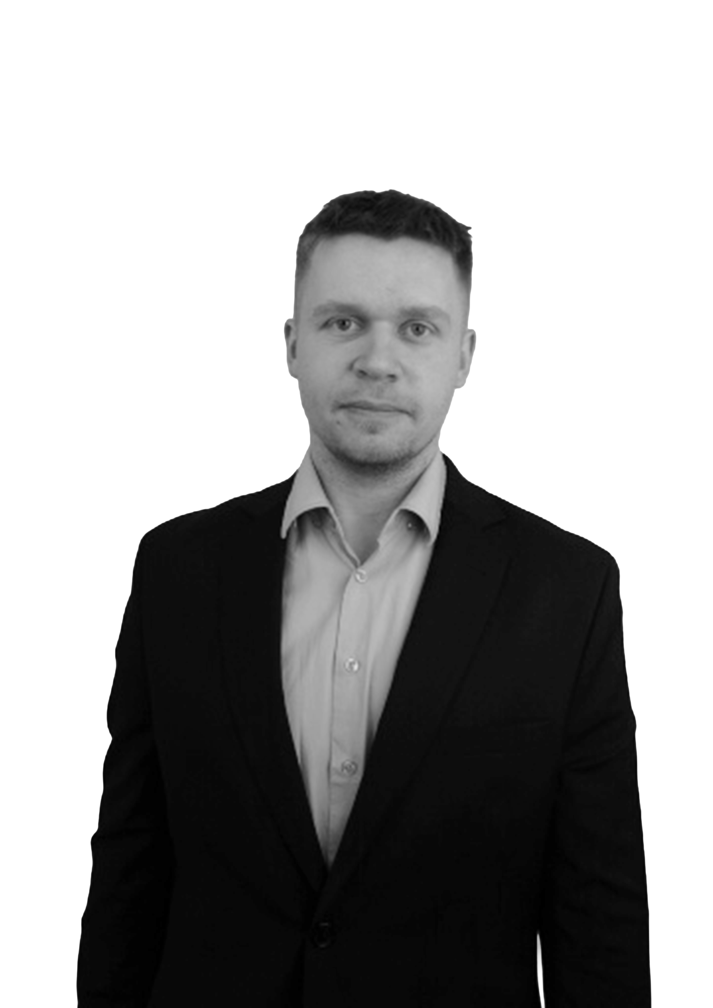 Black and white portrait of a man in a suit and dress shirt, facing forward with a neutral expression.