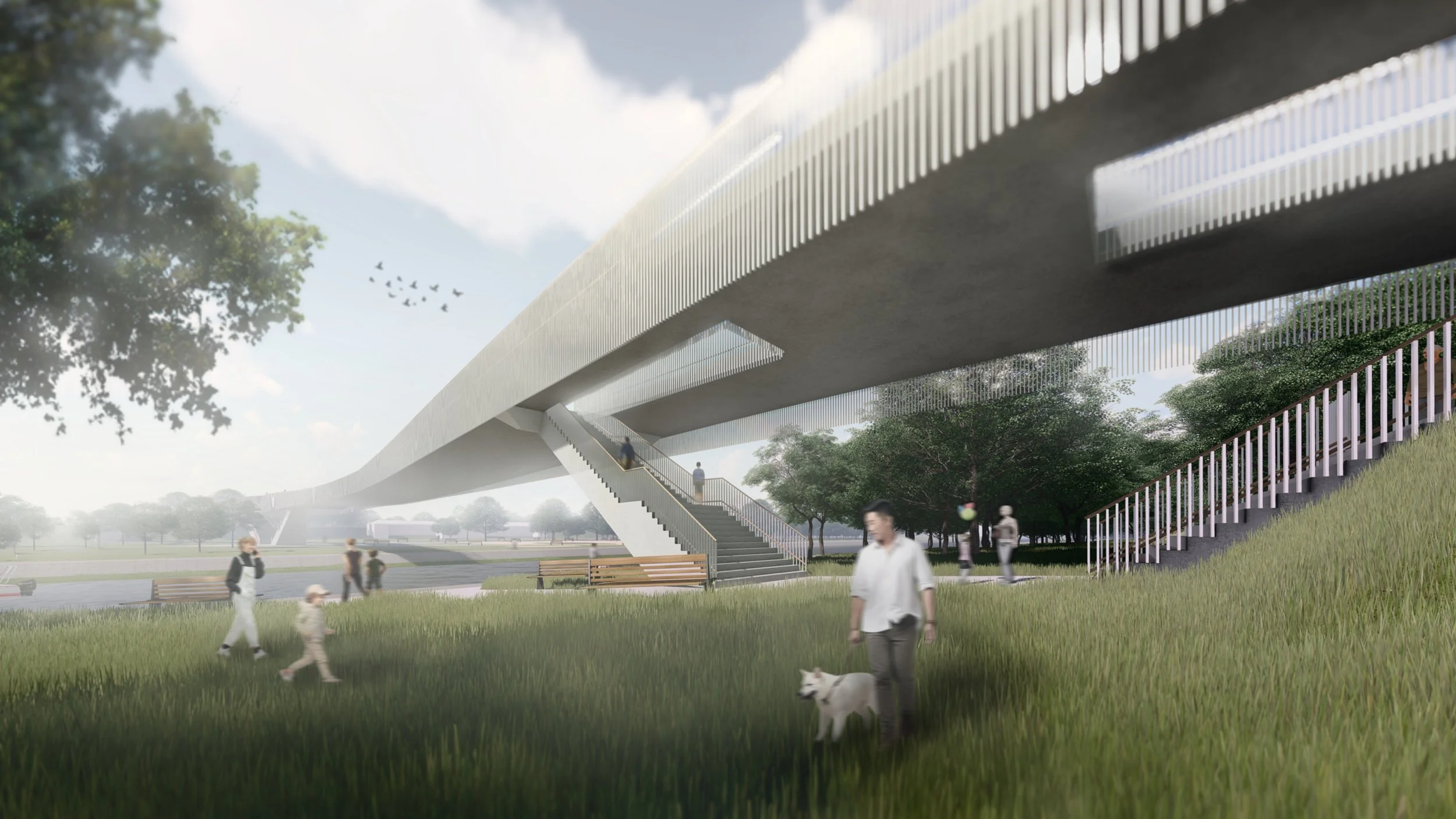 A modern architectural structure with a large overhang and staircases, surrounded by green grass, trees, and people walking, some with dogs, in a park-like setting.