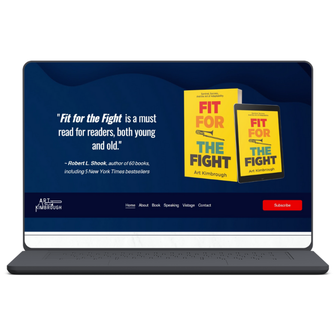 Laptop screen displaying a website with a quote about the book 'Fit for the Fight' by Art Kimbrough, a cover image of the book, and a subscription button.