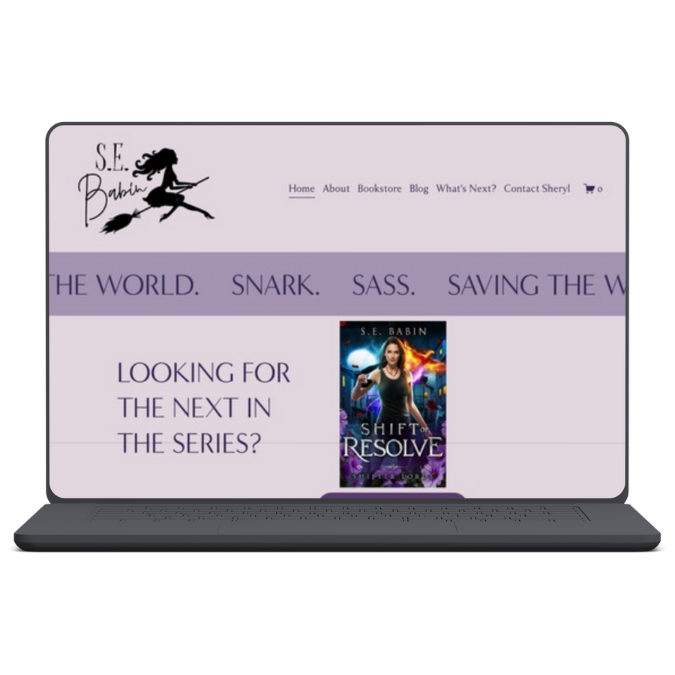 Screenshot of a book author website featuring S.E. Babin, purple-themed design, navigation menu, and book cover for 'Shift & Resolve' with a woman on the cover.
