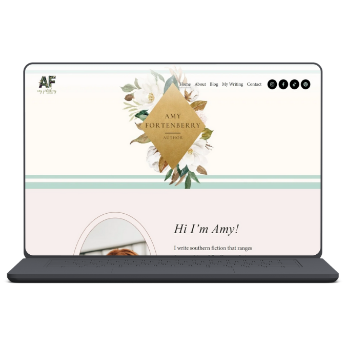 Screenshot of a personal website homepage for Amy Fortenberry, an author, featuring a floral logo, navigation menu, and an introduction section.
