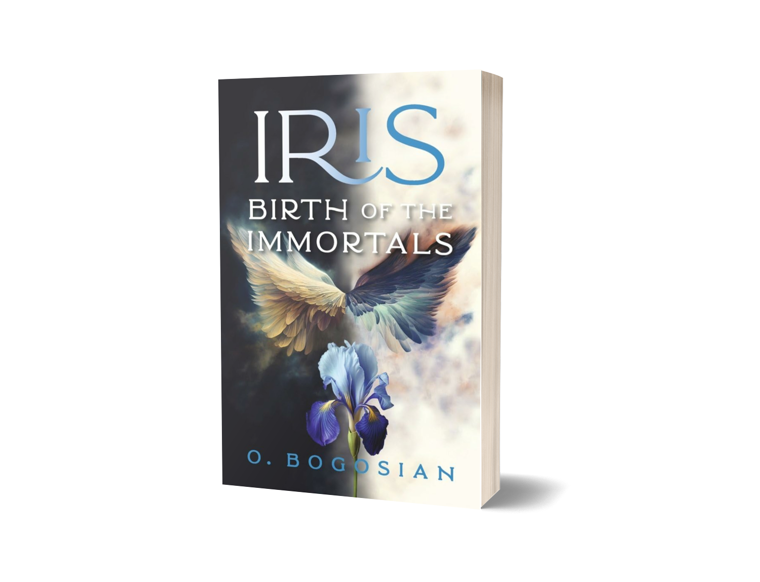 Book cover titled 'IRIS: BIRTH OF THE IMMORTALS' with an illustration of a dove with outstretched wings and a blue iris flower against a cloudy sky background.