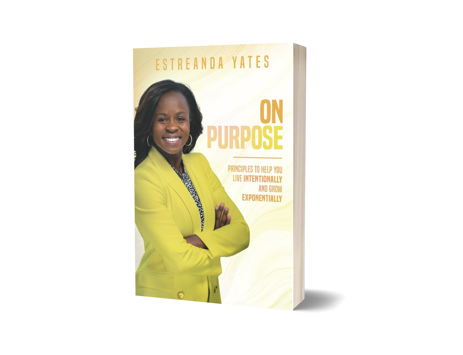 Book cover titled "On Purpose" by Estrenda Yates featuring a portrait of a smiling woman in a yellow blazer with crossed arms, against a light background.