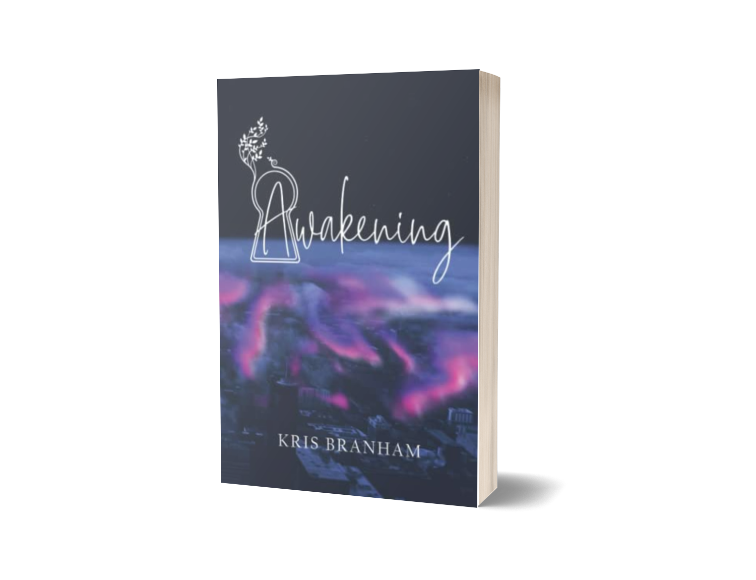 Book titled "Awakening" by Kris Branham featuring a dark sky background with purple-pink clouds and a cityscape at the bottom.