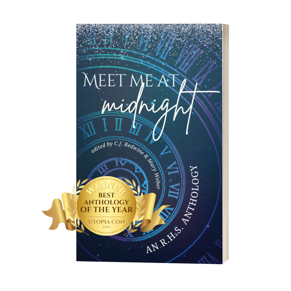 Book cover titled "Meet Me at Midnight," edited by C.J. Redwine and Marcy Weyer, featuring a clock and starry background, with a gold badge stating "Winner Best Anthology of the Year Utopia Con 2024."