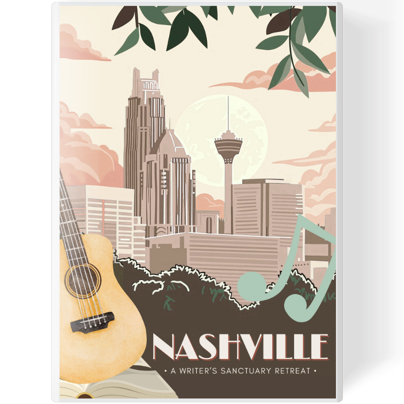 A digital illustration of Nashville skyline at sunset with tall buildings, the moon, clouds, a guitar, and musical notes.