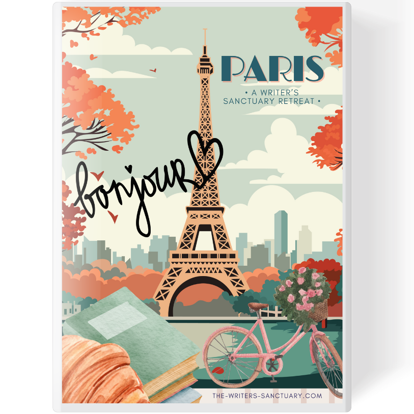 Illustration of Paris with the Eiffel Tower in the center, surrounded by trees, a pink bicycle with a basket of flowers, a book, a croissant, and a city skyline in the background. The word "Bonjour" is handwritten across the image and the text reads "Paris - A Writer's Sanctuary Retreat".
