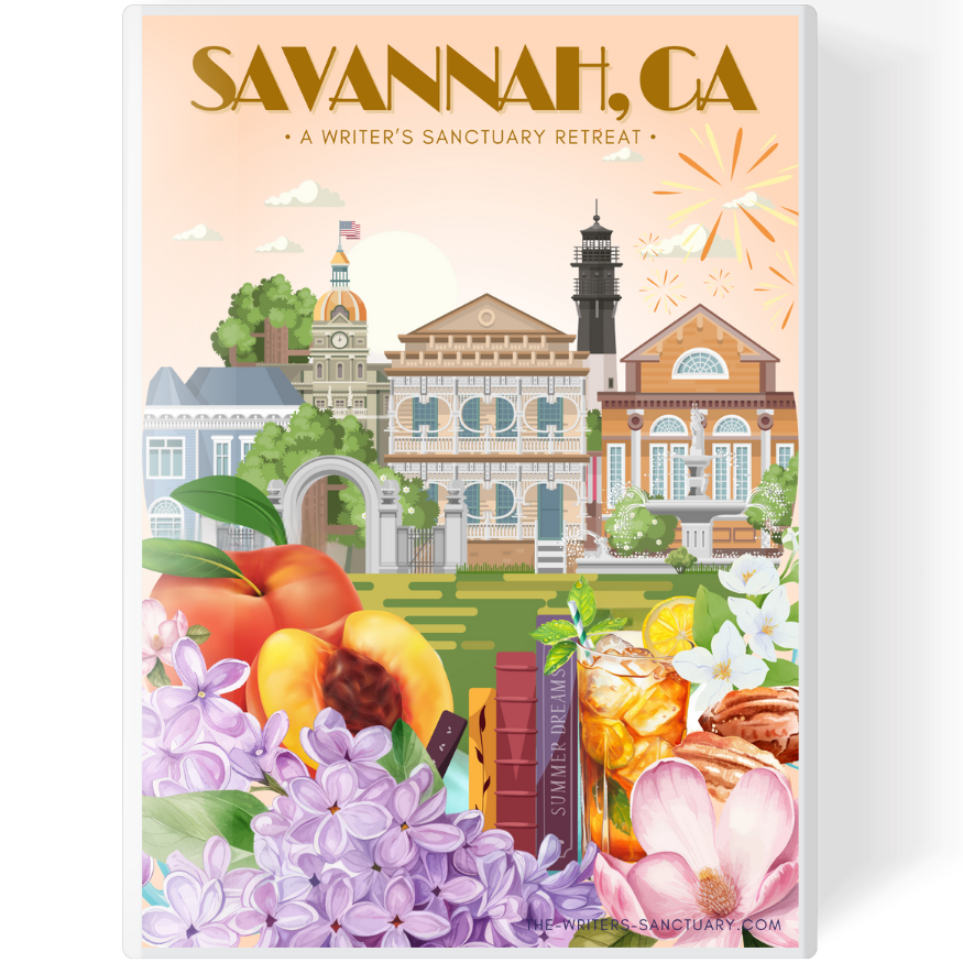 Illustration of Savannah, Georgia with historic buildings, fireworks, and lush greenery in the background. Foreground includes peaches, purple lilacs, white magnolias, iced drinks, books, and baked goods.