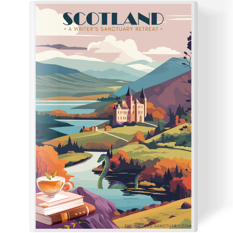 A colorful illustrated poster promoting Scotland as a writer's sanctuary retreat, featuring a castle, mountains, a lake, a boat with tea, books, and a sea serpent in a scenic landscape.