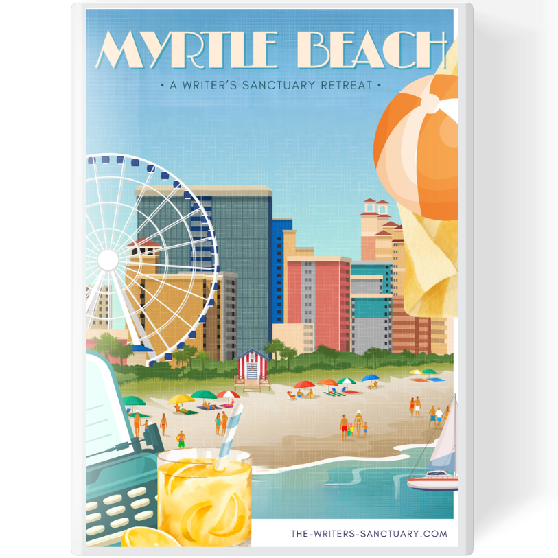 Illustration of Myrtle Beach featuring a Ferris wheel, sandy beach with umbrellas and people, a sailboat, a drink, and a city skyline in the background, promoting a writer's retreat.