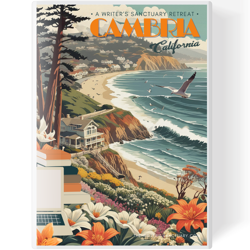 Poster promoting Cambria, California, as a writer's sanctuary retreat. Features a scenic coastal landscape with cliffs, ocean waves, seagulls, flowers, and houses along the shoreline.