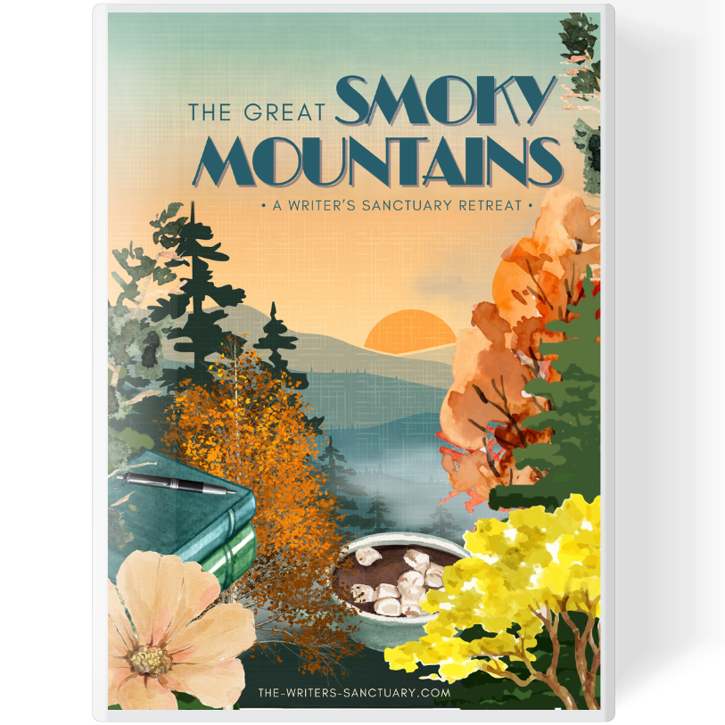Illustration of the Great Smoky Mountains with trees, a sunset, a bowl of marshmallows, books, and a flower, promoting a writer's retreat.