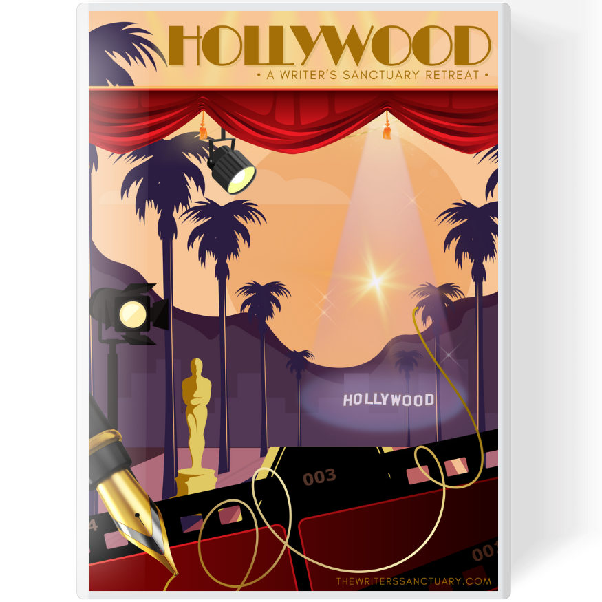 Illustration of Hollywood with a red carpet, stage lights, palm trees, an Oscar statue, and the Hollywood sign at sunset, promoting a writer's retreat.
