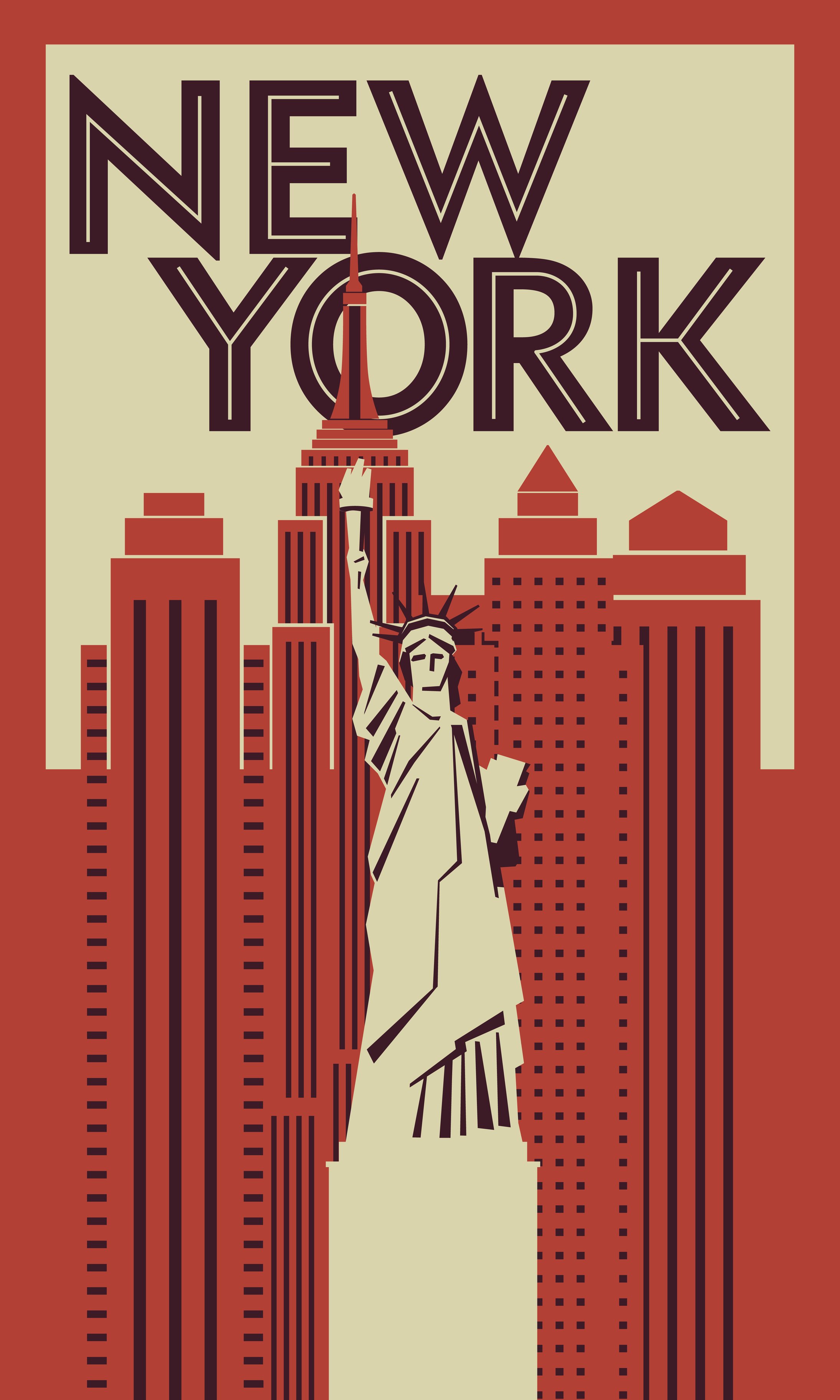 Illustration of the Statue of Liberty in front of tall New York City skyscrapers with the text 'NEW YORK' at the top.