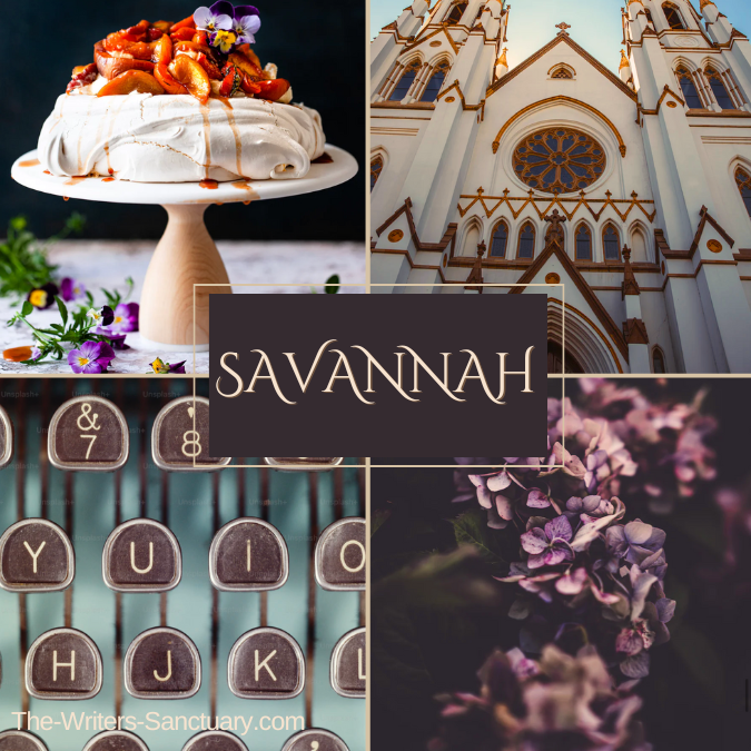 A collage of four images with the word "Savannah" in the center. The top left has a strawberry pavlova dessert garnished with flowers. The top right shows a large white church with ornate architecture and stained glass windows. The bottom left features vintage typewriter keys spelling out "YUL" and other characters. The bottom right displays a close-up of pink and purple flowers.