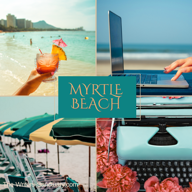 Collage of Myrtle Beach scenes including a woman holding a tropical drink on the beach, a person typing on a laptop with beach in background, beach chairs and umbrellas, and a vintage typewriter surrounded by pink flowers. Text in the center reads 'Myrtle Beach'.