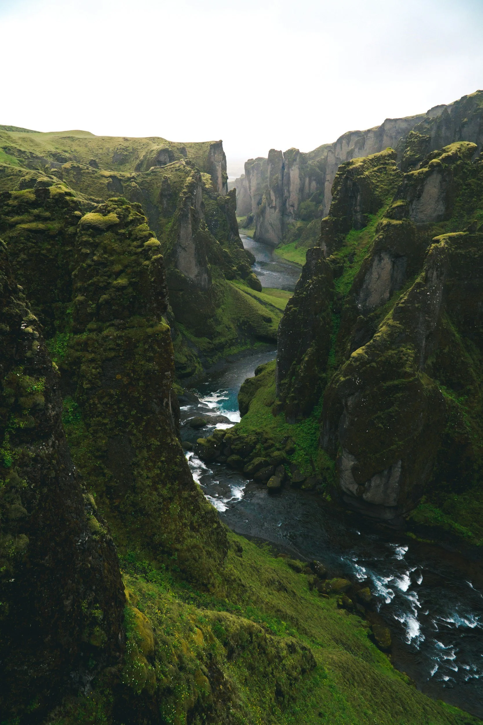 A lush green canyon with tall moss-covered cliffs and a winding river running through it.