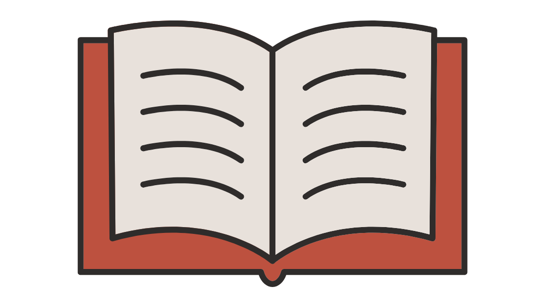 Illustration of an open book with a red cover and white pages containing black lines representing text.