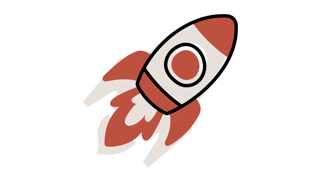 Cartoon illustration of a rocket ship with red, white, and black colors, flying upward with flames behind it.