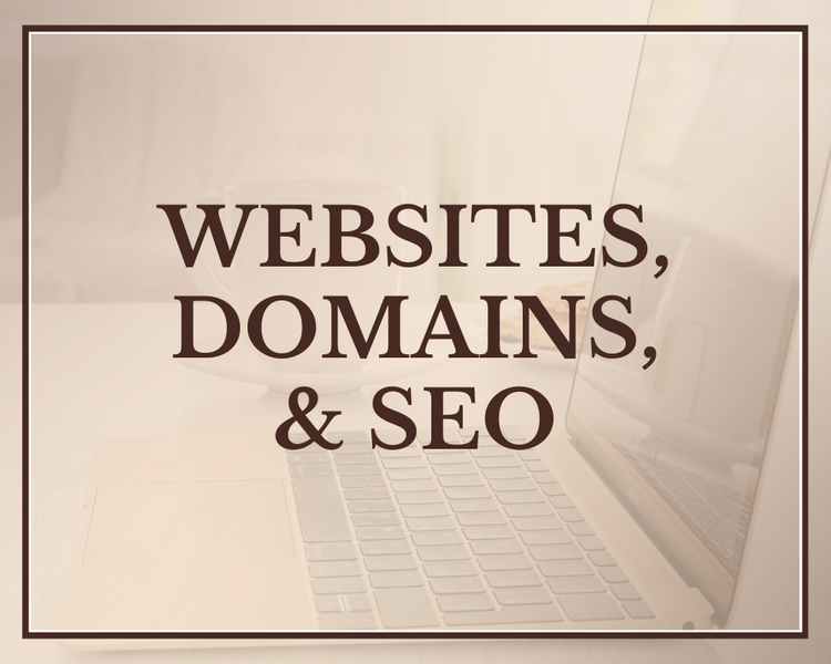 Text on a screen that reads 'Websites, Domains, & SEO' with a faded background of a laptop keyboard.