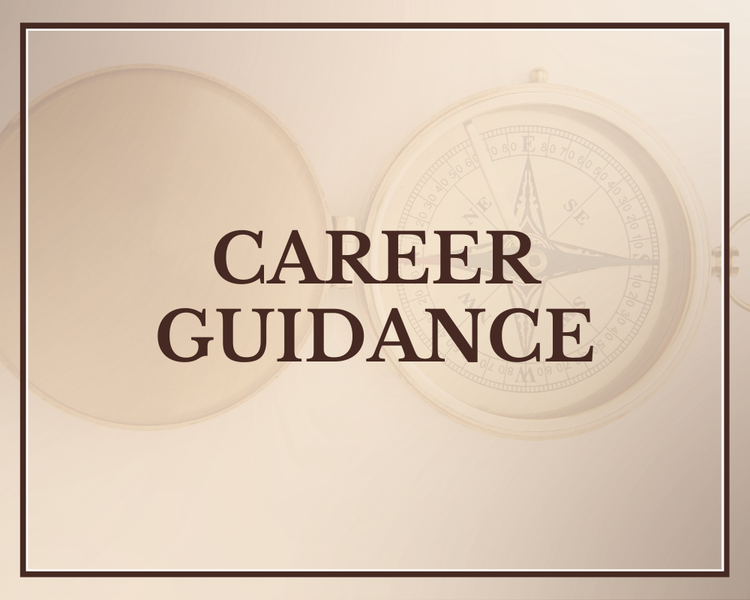 A vintage compass and an open blank notebook with a beige background, with the words "Career Guidance" in bold brown letters in the center.