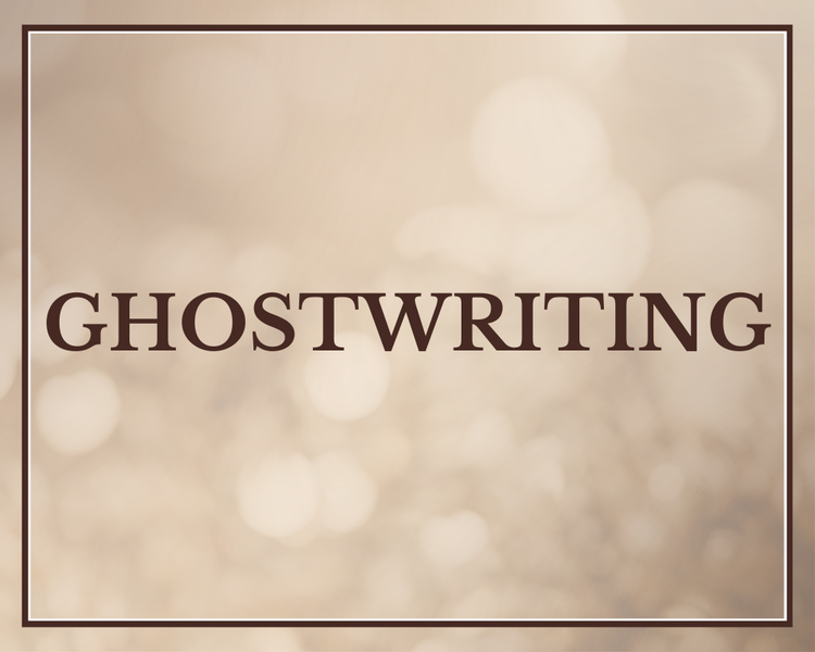 The image features the word 'GHOSTWRITING' in bold, dark brown letters on a soft, blurred beige background with bokeh light effects, framed by a thin brown border.