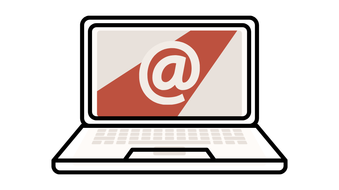 An illustration of a laptop computer displaying an email symbol (@) on the screen, with a black background.