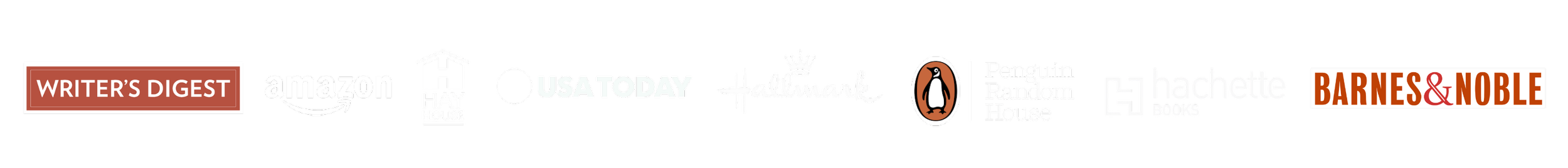 Logos of various publishers and retailers including Writer's Digest, Amazon, Hay House, USA Today, Hallmark, Penguin Random House, Hachette Books, and Barnes & Noble.