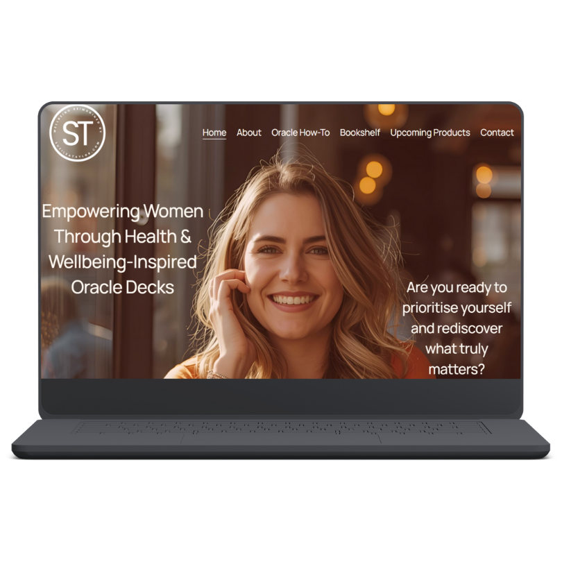 Screenshot of a website homepage promoting empowering women through health and wellbeing-inspired oracle decks, featuring a smiling woman and navigation menu.