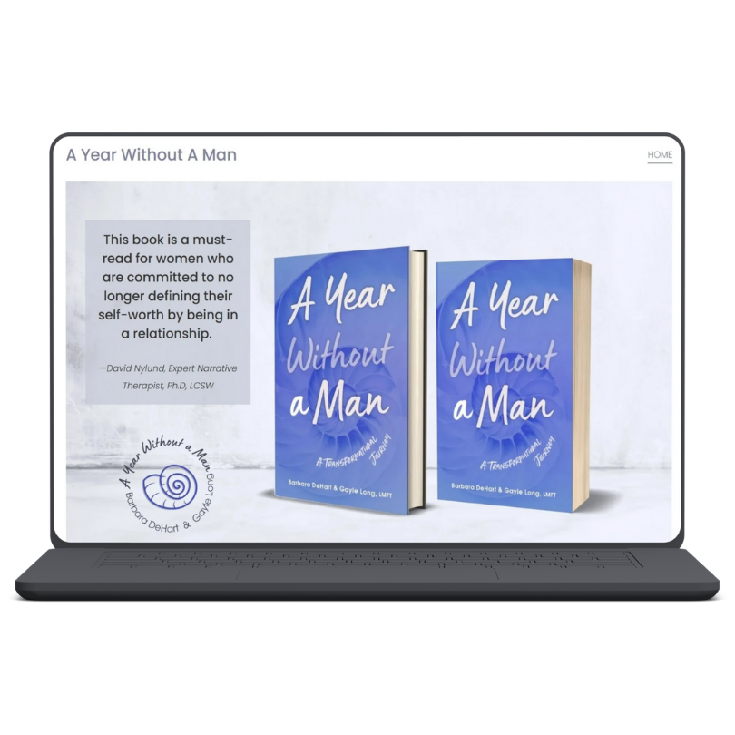 Laptop screen displaying a book titled "A Year Without a Man" with two copies of the book shown, along with a quote about the book and the authors' names, Barbara DeHaat and Gayle Long.