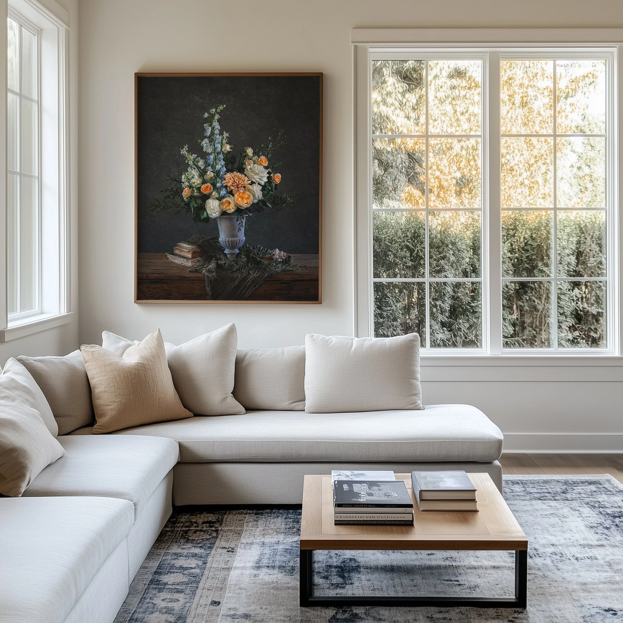Bright living room with a white sofa and beige pillows, a wooden coffee table with books, a large window with patterned curtains, and a framed floral artwork on the wall.