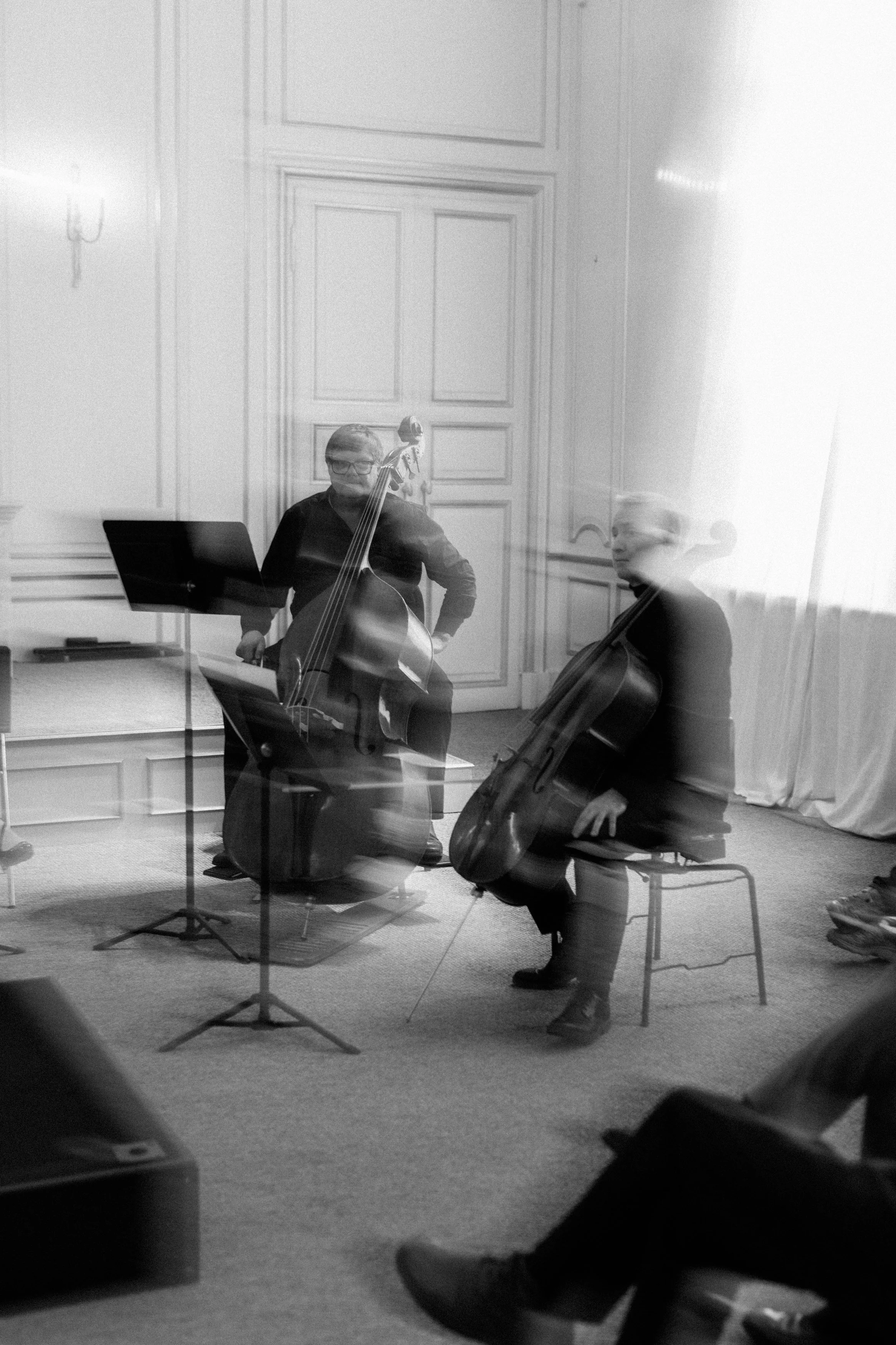 Deux musiciens jouant du violoncelle dans une pièce avec des murs en bois sculpté, vue à travers une surface vitrée.