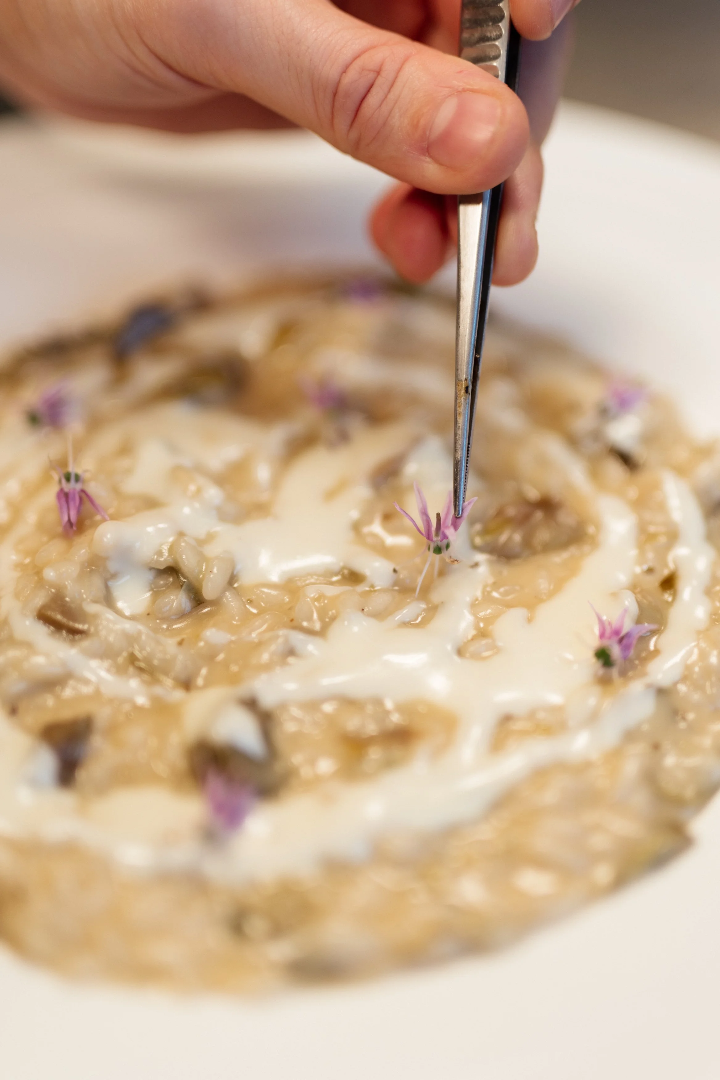 Une main avec une pince manipule une petite fleur violette sur un plat de riz ou de risotto garni de champignons, de crème ou de sauce, décoré de fleurs violettes.