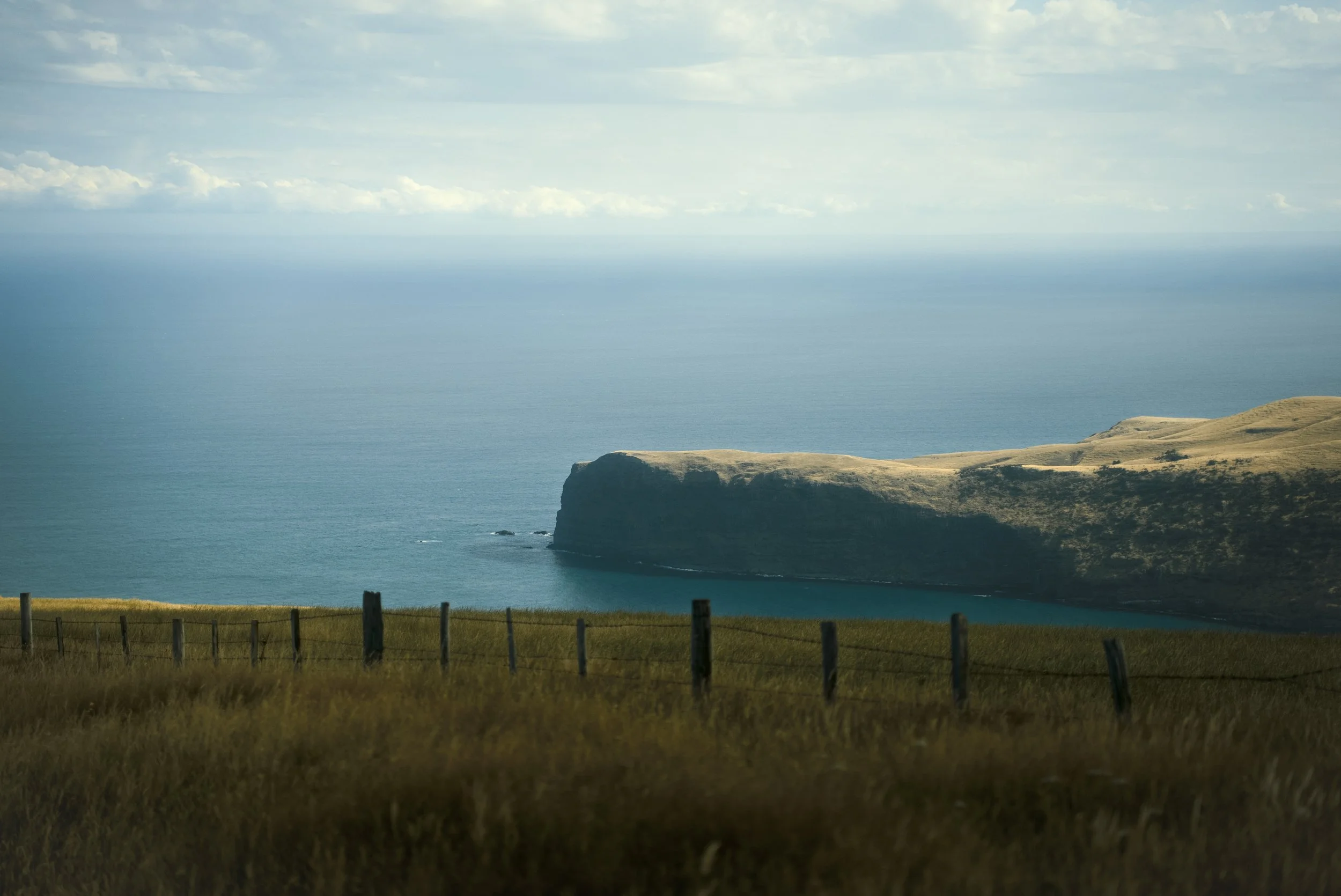 Paysage côtier avec une falaise rocheuse et une mer calme, sous un ciel partiellement nuageux, vue depuis un champ herbeux avec une barrière en bois au premier plan.