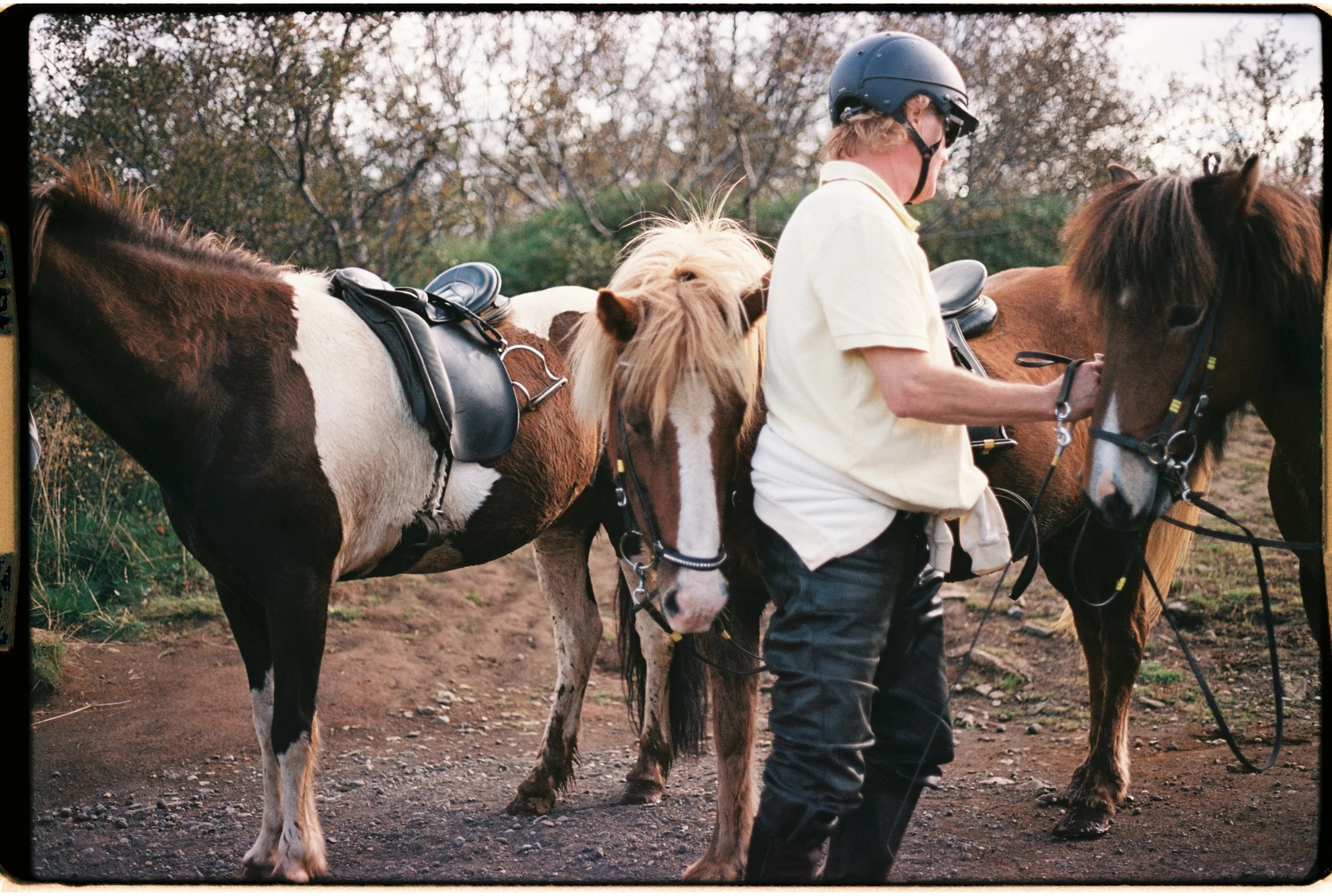 Un homme avec un casque de cheval fait partie d'une activité d'équitation avec plusieurs poneys. 