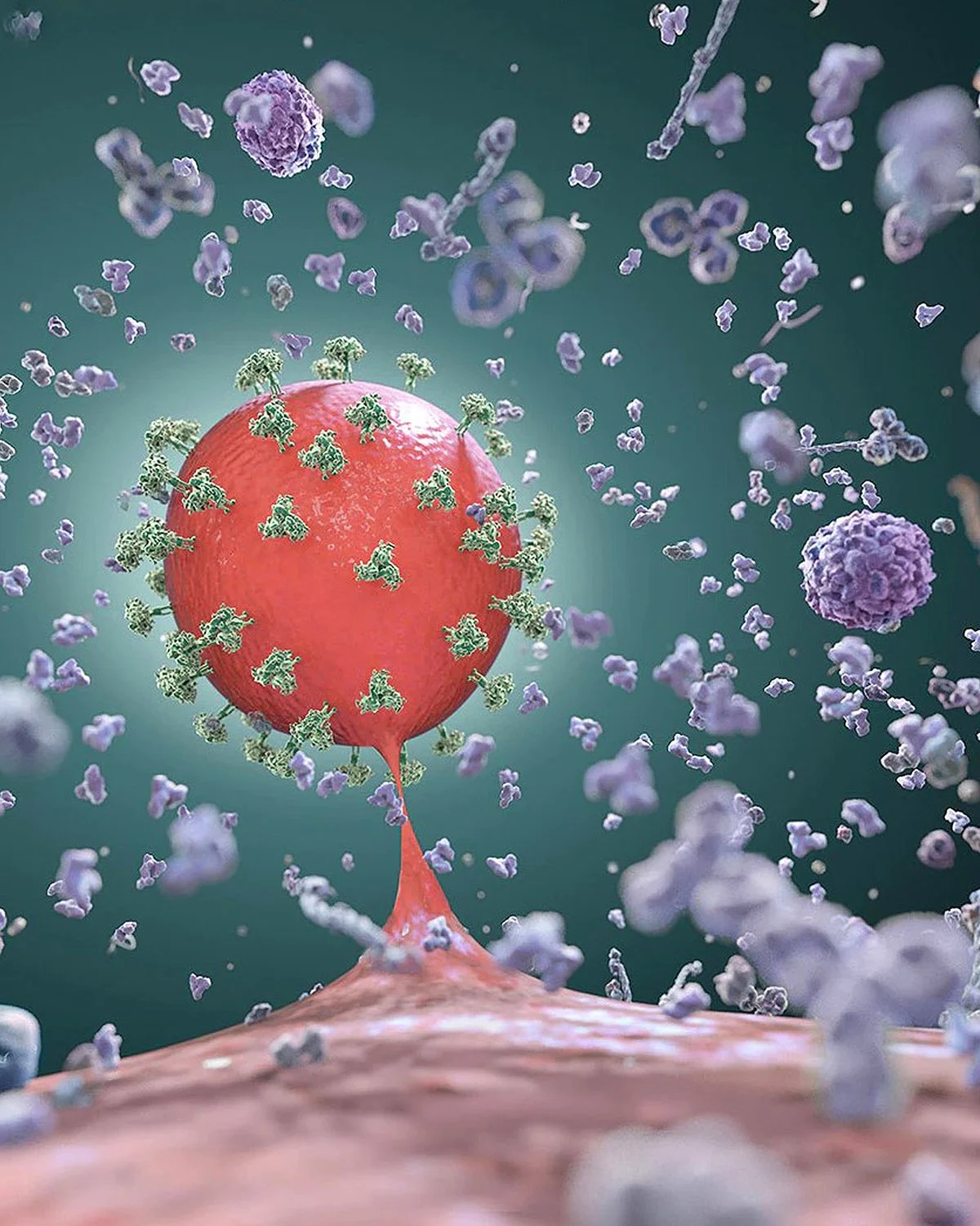 “Dramatic conceptual artwork depicting a cell budding off from its host cell. This science‑inspired piece highlights cellular division, biological growth, and the beauty of microscopic processes through expressive, abstract visual storytelling.”